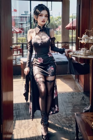 beautiful (goth:1.4) woman, edgVTD, (wearing edgVTD:1.4), dark floral print, collared dress, formal dress attire, perfect hair, ponytail, looking at viewer, teasing viewer, (afternoon tea:1.2), full body, (masterpiece),
