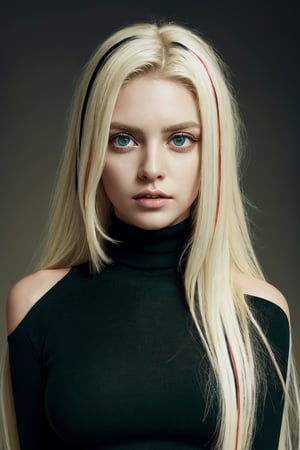 (photorealistic:1.4), large eyes, (deep green eyes:1.1), drooping eyes, perfect breasts, white skin, (blonde and black streaked hair:1.3), long flowing hair, bare shoulder turtleneck shirts, mini skirt, [:(see-through stole:1.3):30]