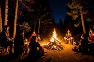 a group of fantasy medieval traveler in a campfire, windy night, cold nights, medieval fantasy forest, cinematic