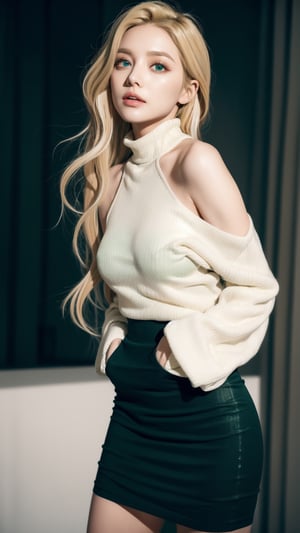 (photorealistic:1.4), large eyes, (deep green eyes:1.1), drooping eyes, perfect breasts, white skin, (blonde and black streaked hair:1.3), long flowing hair, bare shoulder turtleneck shirts, mini skirt, full body view, [:(see-through stole:1.3):30]