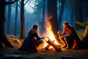 a group of fantasy medieval traveler in a campfire, windy night, cold nights, medieval fantasy forest, cinematic