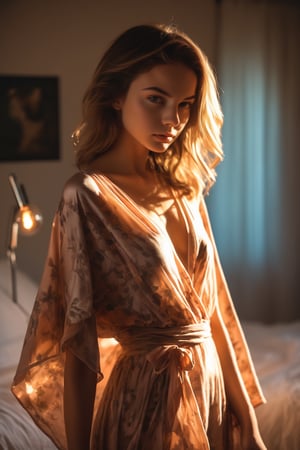 close portrait, 18 years old lady wears bed wrap dress in her bedroom, 30 style of Pinterest dress, artistic, cinematic mood, full shot , feminine, cleavage, perfect breast