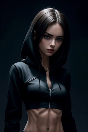 hyperrealistic art best quality, masterpiece, photography of very thin woman, flat chest, abs, nighttime, dark shot, dark theme, moonlight, wearing (black clothes), ((midriff)), dark eyes, dark background, black hoodie, looking at viewer, tattoo, dramatic lighting, menacing pose, . extremely high-resolution details, photographic, realism pushed to extreme, fine texture, incredibly lifelike