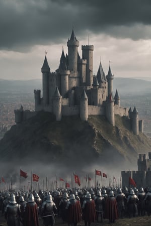 a big castle in a siege, cinematic shot, medieval castle, medieval targaryen army, a big city in the background, gloomy sky