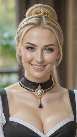 medieval, dlsr photo,8k, 1 busty cute 20 yo maid, smirk, light sparkling eyes, porcelain oiled skin, choker, long blond hair, bun hair, full body view, detailmaster2