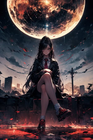 masterpiece, best quality, highly detailed, absurdres, 8k, pixiv, illustration, domain, dark sky, ripple, crimson moon, shatter, abstract background, BREAK 1girl, busty, black hair, very long hair, hazel eyes, white collared shirt, black trench coat, tie, matching shorts, smirk, sitting, crossed legs, midjourney