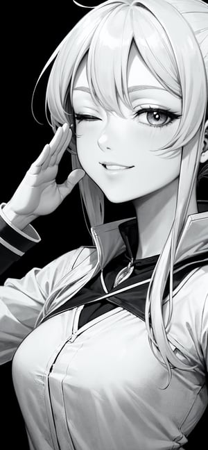 ((line art)), (anime style:1.331), masterpiece, best quality, highly detailed, absurdres, (black background), 1girl, solo, upper body, salute, one eye closed, smile, bw, monochrome, 