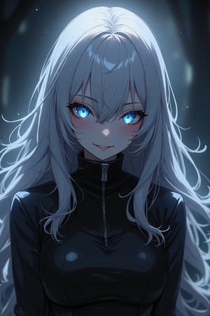 A haunting portrait of a girl with striking features: cascading long hair, snowy white locks framing her heart-shaped face, piercing blue eyes that seem to bore into the darkness. She wears a dramatic black high-collared coat, its silhouetted shape contrasting starkly against the foreboding surroundings. The air is thick with an eerie atmosphere as she sports a wicked grin, her eyes glowing like lanterns in the dark, casting an otherworldly aura, ATRFX, anime