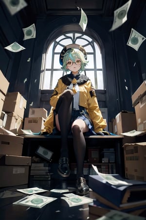 sucrosedef, facing viewer, body facing the direction of viewer, unhinged expression, yellow raincoat, sitting on {chair with metal footing}, slightly spread leg sitting position, in the center of a long room, big window at the back and side of the room, pile of semi-transparent boxes filled with white powder at both right and left side of sucrosedef, pile of cash plastic wrapped and formed into a cube in front of those boxes at both right and left side, masterpiece, professional, highly detailed