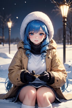 In a whimsical winter wonderland, Layla, a sweet and sleepy beauty with piercing golden eyes and rosy cheeks, dons a knitted winter coat adorned with intricate twin drills and drill locks. Her delicate lips curve into a gentle smile as she gazes down at the swirling snowflakes beneath her feet. Blue hair flows like a river of night sky, framing her serene features. A scattering of jewelry adds a touch of whimsy to her winter wonderland scene, where snowflakes dance in perfect harmony with her sleepy eyes.