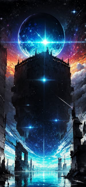 (pixiv), (anime style:1.331), masterpiece, best quality, highly detailed, absurdres, illustration, official art, dark, ruins, space, planets, stars, reflection, split