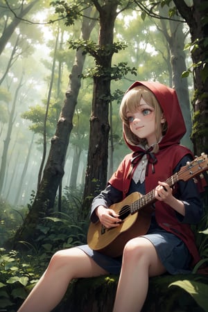 Little Red Riding Hood sits in a lush forest clearing, surrounded by towering trees and a carpet of soft green grass. She strums a tiny ukulele, her bright red hood fallen back to reveal a playful smile. The warm sunlight filters through the leaves above, casting dappled shadows on her freckled face. A few stray notes from the instrument drift away, lost in the whispering woods.