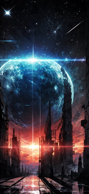 (pixiv), (anime style:1.331), masterpiece, best quality, highly detailed, absurdres, illustration, official art, dark, ruins, space, planets, stars, reflection, split, light, portrait orientation