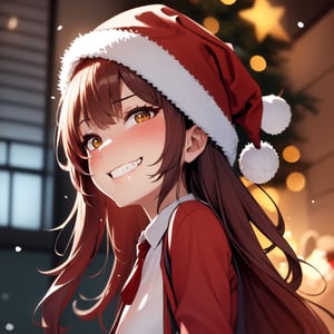 masterpiece, best quality, highly detailed, absurdres, 8k, 1girl, petite, (ginger long hair), hazel eyes, {wearing white shirt, red tie, matching shorts, red jacket, santa hat}, (solo female), wide smirk, closed mouth, (visible teeth), standing, from behind, looking at viewer, christmas tree, christmas ornament, snowflakes, (mesugaki)