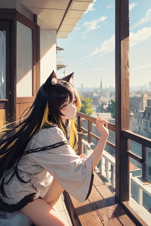 masterpiece, best quality, highly detailed, absurdres, 8k, 1girl, solo, cute, cat ears, tail, yellow eyes, (white hair, black hair, yellow hair, (multicolored hair)), :3, happy, terrace, basking in the sunlight, enjoying the view, facing away, looking away