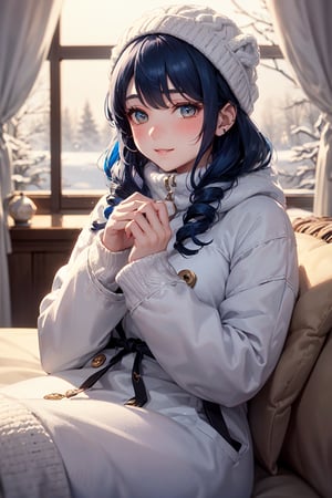 In a whimsical winter wonderland, Layla, a young girl with striking blue hair and piercing golden eyes, lazily lounges amidst swirling snowflakes. Her cheeks flush with a soft blush as she gazes sleepily ahead, her lips curled into a subtle smile. She's clad in a cozy knitted winter coat, the twin drills on her sleeves glistening like tiny jewels. The snowflakes dance around her, their delicate patterns refracting the soft light of the frosty atmosphere. The overall composition is a masterpiece of winter wonder, with Layla's sleepy eyes and gentle features nestled amidst the serene snowy backdrop.