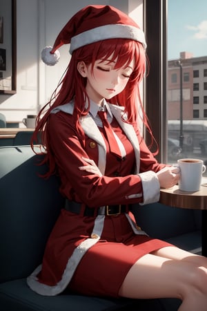 masterpiece, best quality, highly detailed, 8k, 1girl, petite, ginger long hair, glittering hazel eyes, {wearing whte shirt, red tie, red and white sneakers, red trench coat, santa hat}, (solo female), sitting in a cafe, sipping a cup of coffee, closed eyes, close up