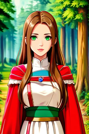 a woman with long brown hair and green eyes. She is wearing a red cloak over a white dress. The setting appears to be a forest with trees in the background, cowboy shot, anime style