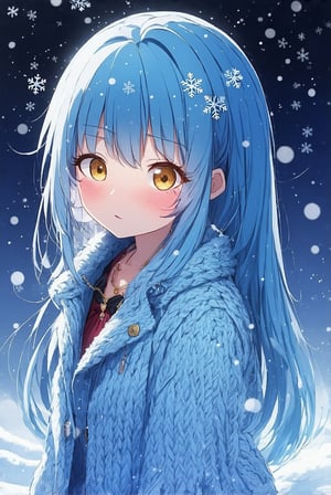 In a soft-focus, dreamy anime style, the camera pans across a whimsical winter wonderland, capturing Layla's sweet beauty. She stands amidst swirling snowflakes, her piercing golden eyes and rosy cheeks aglow. The intricate twin drills on her knitted coat glint in the gentle light, as she gazes down at the snowflakes dancing beneath her feet. Blue hair flows like a river of night sky, framing her serene features and adding an ethereal quality to the scene. A scattering of jewelry adds a touch of whimsy, with snowflakes harmonizing perfectly with her sleepy eyes, as if suspended in a state of winter wonder.
