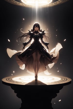 masterpiece, best quality, highly detailed, trending, 8k illustration, official art, 1girl, long hair, dress, facing viewer, dynamic lighting, magical effect, magic circle, ethereal glow, fantasy, (symmetrical:1.2)