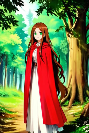 a woman with long brown hair and green eyes. She is wearing a red cloak over a white dress. The setting appears to be a forest with trees in the background, anime style