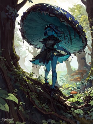 1girl, Mushroom_Girl, blue skin, black eyes, slightly facing left, walking on a giant tree stump, greenery, masterpiece, best quality, highly detailed, trending