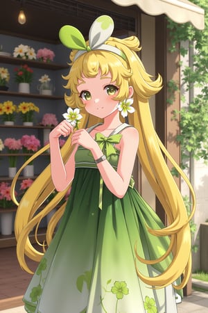 vrnwdf, A young girl with bright blonde hair and a radiant smile stands in front of a bustling flower shop, her long locks cascading down her back like a golden waterfall. She wears a hairbow and a vibrant green dress that matches the hue of the lush foliage surrounding her. In her hand, she cradles a delicate flower, its petals gently unfolding as if to reveal a secret. The warm sunlight casts a soft glow on the scene, illuminating the colorful array of blooms in the shop's display cases and casting a charming ambiance.