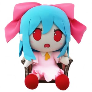 fabric doll, A plush toy character with blue hair and red eyes. She is wearing a pink and white dress with a large pink bow on her head. The dress has a ruffled collar and cuffs, and she is sitting on a chair with her hands clasped together in front of her. She has a surprised expression on her face and is looking off to the side. The background is white