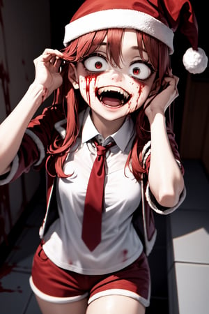masterpiece, best quality, highly detailed, absurdres, 8k, 1girl, petite, (ginger long hair), hazel eyes, {wearing white shirt, red tie, matching shorts, red jacket, santa hat}, (solo female), (yandere), crazy smile, constricted pupils, (maniacal laughter), yameroyandere, ((horror)), ((horror atmosphere)), blood, (close up), looking up, hands on own head