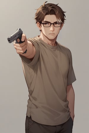 score_9, score_8_up, score_7_up, welt_yang, male focus, mature male, brown hair, bangs, multicolored hair, streaked hair, brown eyes, glasses, standing, holding a pistol, flat expression, looking away