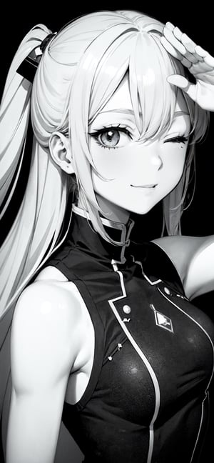 ((line art)), (anime style:1.331), masterpiece, best quality, highly detailed, absurdres, (black background), 1girl, solo, upper body, salute, one eye closed, smile, bw, monochrome, 