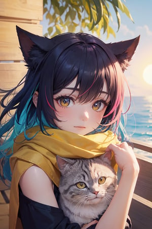 A radiant masterpiece of a scene: a solo, cute girl with cat ears and tail, sporting vibrant multicolored hair, shines brightly on a sunny terrace. Her yellow eyes sparkle as she basks in the warmth, her face angled away from the viewer, lost in thought. The 8K image is so detailed, you can almost feel the warmth of the sun on your skin.