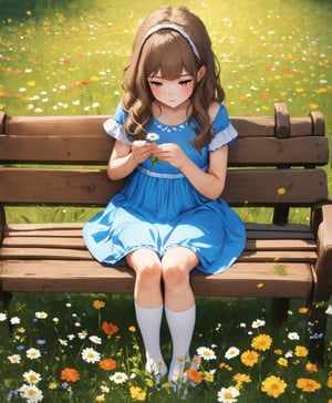 anitrait, A young girl sitting on a worn wooden bench in a lush green meadow, surrounded by wildflowers of various colors, her bright blue dress and white socks standing out against the vibrant backdrop. She gazes downward, her curly brown hair falling like a halo around her face, her eyes cast down at a small, forgotten daisy in her hand.