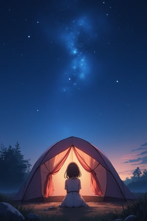 A serene portrait of a girl sitting in front of a colorful tent, surrounded by the vast expanse of a starry night sky. She gazes up at the celestial canvas, her eyes sparkling with wonder. The tent's fabric glows softly under the starlight, while the surrounding landscape fades into darkness, ATRFX, anime