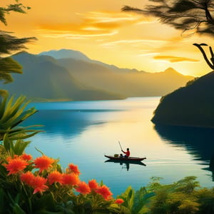 Vibrant Tourism Poster: 'Discover the Wonders of Lake Toba' - A serene misty dawn scene at Lake Toba's tranquil shoreline, with lush green hills and majestic volcanic peaks in the background. The sun casts a warm golden glow on the calm waters as a small wooden boat glides effortlessly across the lake. In the foreground, a smiling local fisherman holds up a catch of the day, surrounded by vibrant tropical flowers.