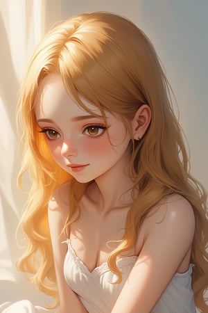 A delicate, soft-focused portrait of a girl, rendered in rich, vibrant oils on canvas. She sits pensively, eyes cast downward, her golden locks cascading like a river of sunset hues down her porcelain skin. A warm, golden light illuminates her features, casting gentle shadows beneath her eyelids and on the curves of her cheeks. The background is a soft, blurred expanse of creamy whites and gentle blues, allowing the girl's serene face to take center stage, ATRFX