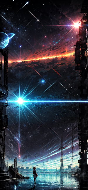 (pixiv), (anime style:1.331), masterpiece, best quality, highly detailed, absurdres, illustration, official art, dark, ruins, space, planets, stars, reflection, split, light, portrait orientation