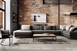 minimalist_interior, A modern living room with a sleek, industrial-chic aesthetic. A minimalist sofa in a rich gray hue takes center stage, surrounded by clean-lined wooden tables and metallic accent chairs. Soft lighting casts a warm glow on the exposed brick walls, while a geometric-patterned rug adds texture to the space.