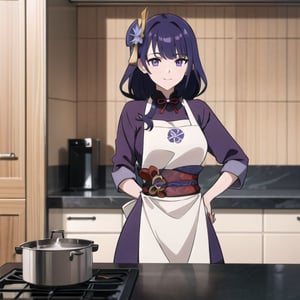 1raidenshogundef, in apron, cooking, slightly smiling, indoor, kitchen, wooden motive walls, professional, highly detailed