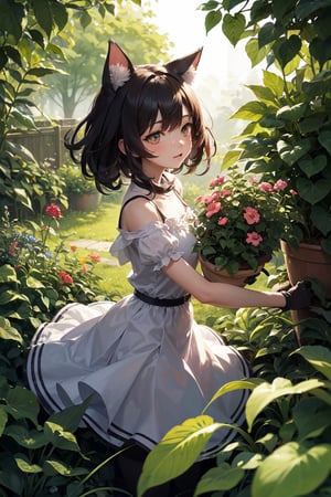 A whimsical shot of a cat girl, surrounded by vibrant flora, as she enthusiastically helps with gardening. With a determined expression, she digs and uproots various plants, her long ears flapping wildly with each movement. Warm sunlight casts a gentle glow, illuminating the scene amidst the lush greenery.