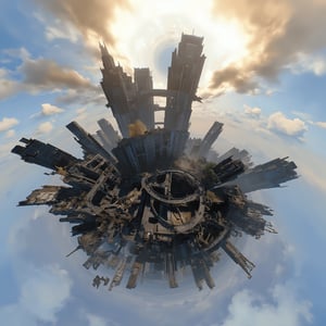 TinyPlanet, view of post apocalyptic city with destroyed structures and road. There are pieces of skyscrapers that is floating due to mysterious power, wuwa_style