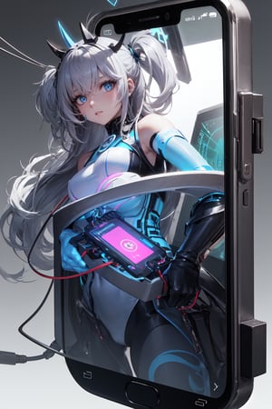 A sleek, silver figure emerges from the digital realm, its slender body resembling a smartphone. Vibrate is emblazoned on its chest in bold, blue script. The device's screen glows bright with a subtle pulse, like a heartbeat. One hand holds a miniature selfie stick, while the other cradles a miniature laptop, as if sharing secrets. Against a gradient background of swirling circuit boards and wires, this anthropomorphic phone stands confidently, ready to connect.