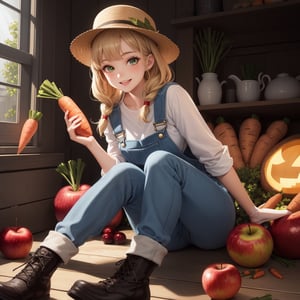 masterpiece, best quality, highly detailed, (abstract illustration:1.3), 1girl, mature female, blonde braided hair, green eyes, {wearing white shirt, blue dungarees, brown hat}, brown boots, smiling, pumpkin, potato, cranberry, apple, carrot, chicken