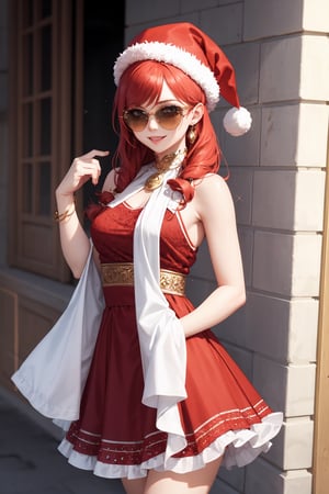 masterpiece, best quality, highly detailed, 8k, 1girl, petite, ginger long hair, glittering hazel eyes, {wearing red peplos dress with white accent, santa hat, sunglasses}, cool smile, (solo female)