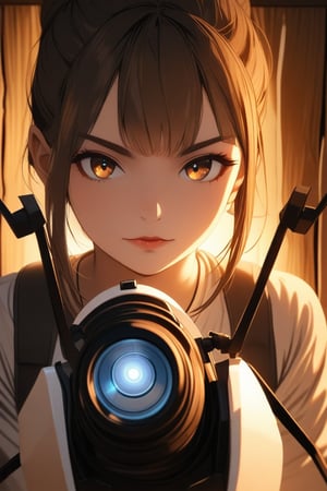 A cinematic portrait of a girl holding apportalgun, framed against a rustic backdrop with warm golden lighting, highlighting her determined expression and the weapon's sleek design. The camera captures her profile from a low angle, emphasizing her strength and confidence as she gazes directly into the lens.