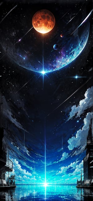 (pixiv), (anime style:1.331), masterpiece, best quality, highly detailed, absurdres, illustration, official art, dark, ruins, space, planets, stars, reflection, split