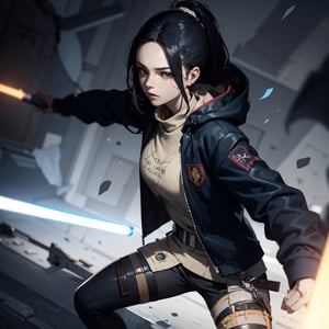 masterpiece, best quality, highly detailed, 8k illustration, {1girl, jedi}, serious, standing in combat pose, holding 1lightsaber, dynamic angle, dynamic pose, (solo female)