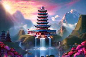 a digital painting of a beautiful Chinese temple in the middle of a mountainous landscape. The temple is a tall pagoda with a blue roof and multiple levels, surrounded by lush greenery and trees. It is located in the center of the image, with a waterfall cascading down the right side and a bridge crossing over it. The sky is filled with clouds and the sun is shining brightly in the top right corner, creating a warm glow.\n\nThe temple is surrounded by tall mountains with snow-capped peaks, and there are several smaller pagodas scattered throughout the landscape. There are also several red flowers blooming in the foreground, adding a pop of color to the scene. The water is calm and still, reflecting the colors of the sky and the surrounding landscape. Overall, the image conveys a peaceful and serene atmosphere.