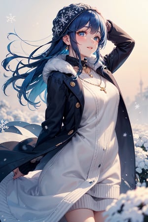 In a whimsical masterpiece, a lone figure, Layla, stands amidst swirling snowflakes, her bright blue hair and twinkling jewelry catching the soft golden light. Her sleepy eyes, rimmed with gentle blush, gaze downwards as she wears a cozy knitted winter coat, twin drills and drill locks at her neck. Snowflakes dance around her, stretching and twisting in an eternity of slow motion, as if time itself has slowed to match her relaxed pace. Her detailed lips curve into a subtle smile, inviting the viewer into this serene winter wonderland.