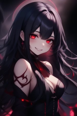 anitrait, A picture of an anime girl with striking features: piercing red eyes and long, raven-black hair that cascades down her back. She's surrounded by an aura of mystery, as if she's hiding secrets behind her enigmatic smile. The lighting is dim, with only a few subtle highlights to accentuate the curves of her face and the misty atmosphere that shrouds her. The composition is deliberate, drawing attention to her masterpiece-like beauty.